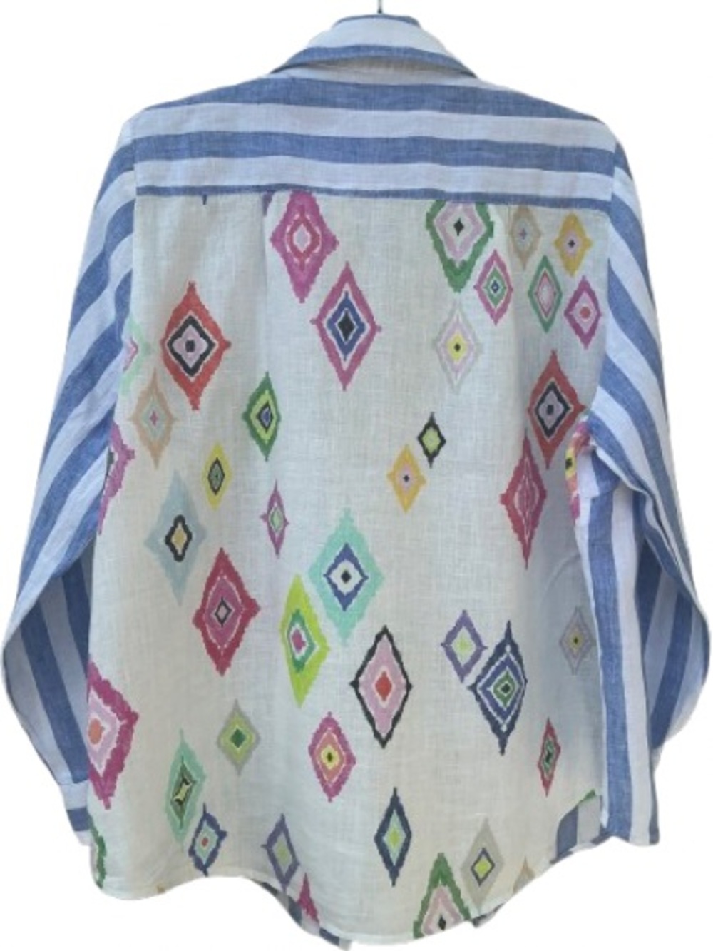 VILAGALLO 100% Linen Blue Stripe & Colorful Diamond Back Shirt Size 48 L/XL